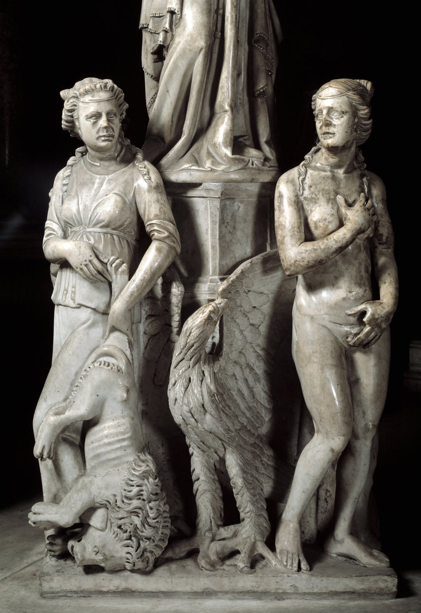 Detal rzeźbionych grup podtrzymujących Krzesło zrealizowanych przez Giovanniego Pisano (1248-1314): dwie cnoty kardynalne (Detal rzeźb podtrzymujących marmurową ambonę, dwie cnoty kardynalne) 1302-1311 Cathedrale de Pisa (Duomo di Pisa), Włochy autorstwa Giovanni Pisano