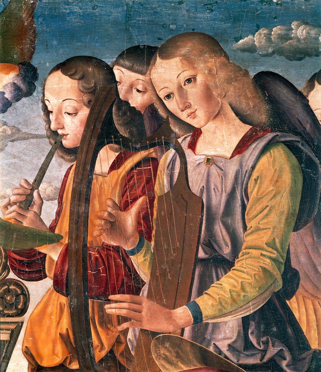 Aniołowie z instrumentami, fragment Świętej Rozmowy z Madonną z Dzieciątkiem na tronie z dawcą i świętymi autorstwa Giovanni Santi
