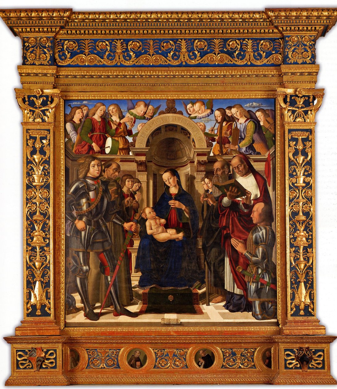 Pala Oliva. Madonna z Dzieciątkiem na tronie między świętymi Jerzym, Franciszkiem z Asyżu…, 1489. autorstwa Giovanni Santi