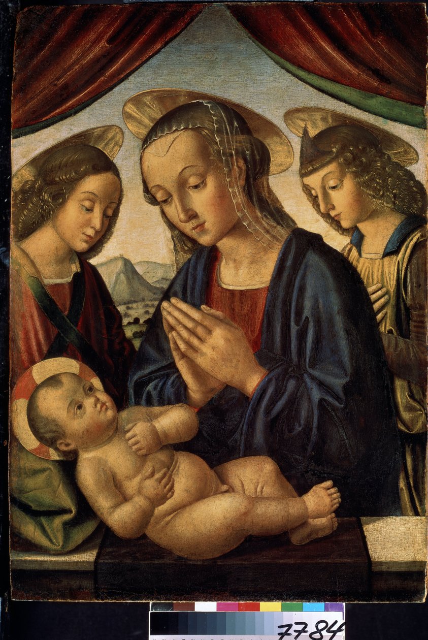 Dziewica z Dzieciątkiem z Aniołami (Dziewica i Dzieciątko z Aniołami). Aureola Jezusa Chrystusa jest oznaczona krzyżem. Obraz Giovanniego di Sante di Pietro lub Giovanniego Santi lub Sanzio (około 1435-1494). Tempera na drewnie, 62 x 44 cm autorstwa Giovanni Santi or Sanzio