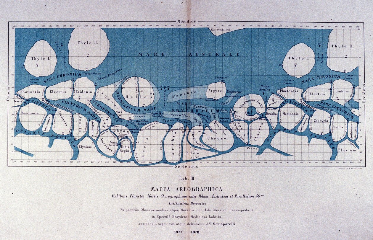 Mapa planety Mars autorstwa astrofizyka Giovanniego Virginio Schiaparelli (1835-1910). Zaobserwował prostoliniowe konfiguracje na planecie Mars, którą nazwał kanałami marsjańskimi (canali). 1877-1878 autorstwa Giovanni Schiaparelli