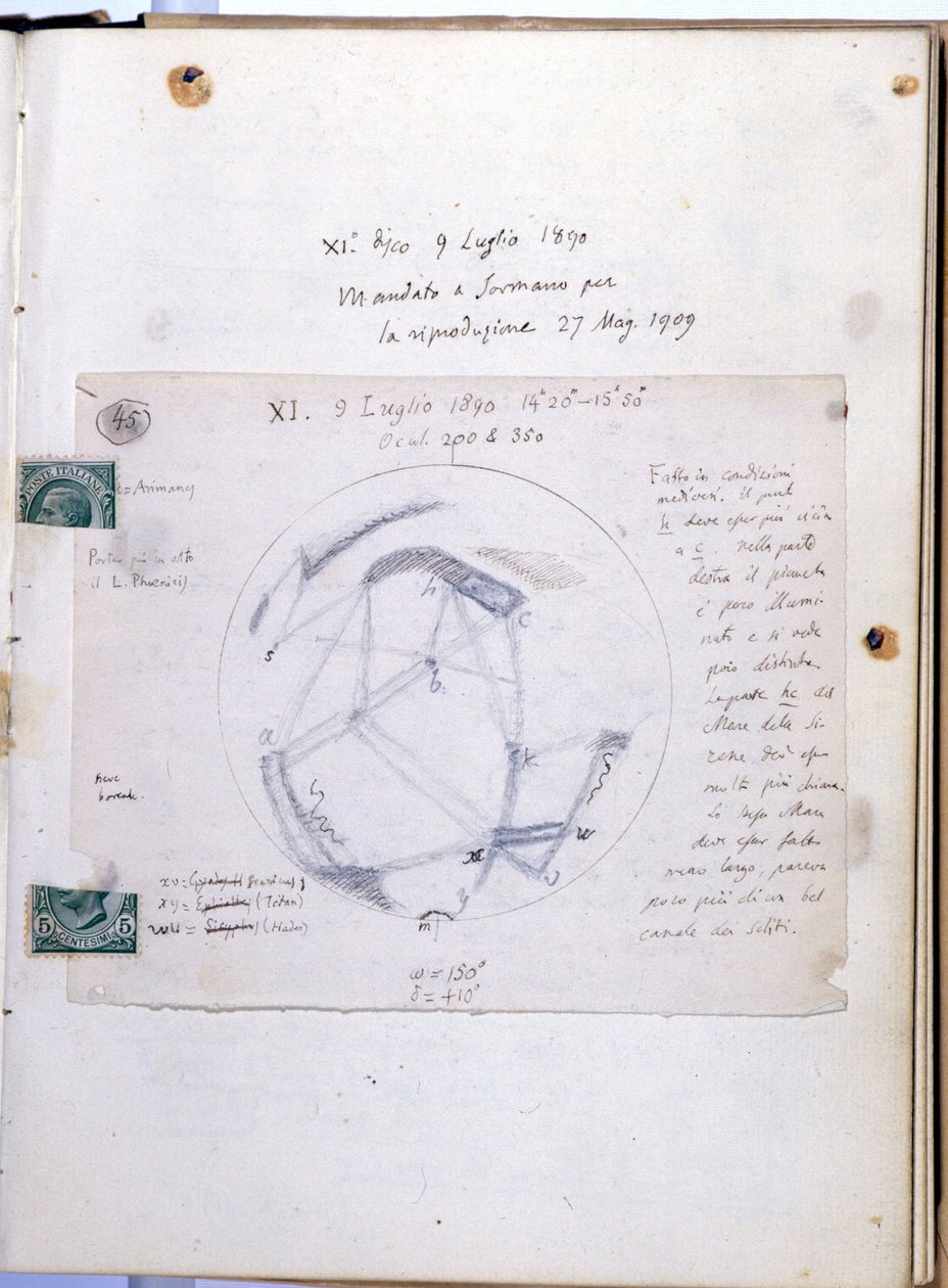 Książka studyjna Giovanniego Virginio Schiaparelli (1835-1910), włoskiego astronoma, który obserwował kanały marsjańskie (canali) planety Mars. Ten notatnik jest datowany na 9.07.1890. autorstwa Giovanni Schiaparelli