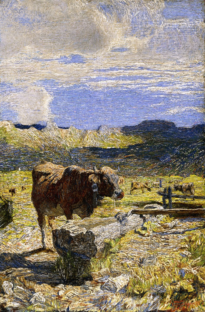 Brązowa krowa pijąca z koryta, 1892 autorstwa Giovanni Segantini