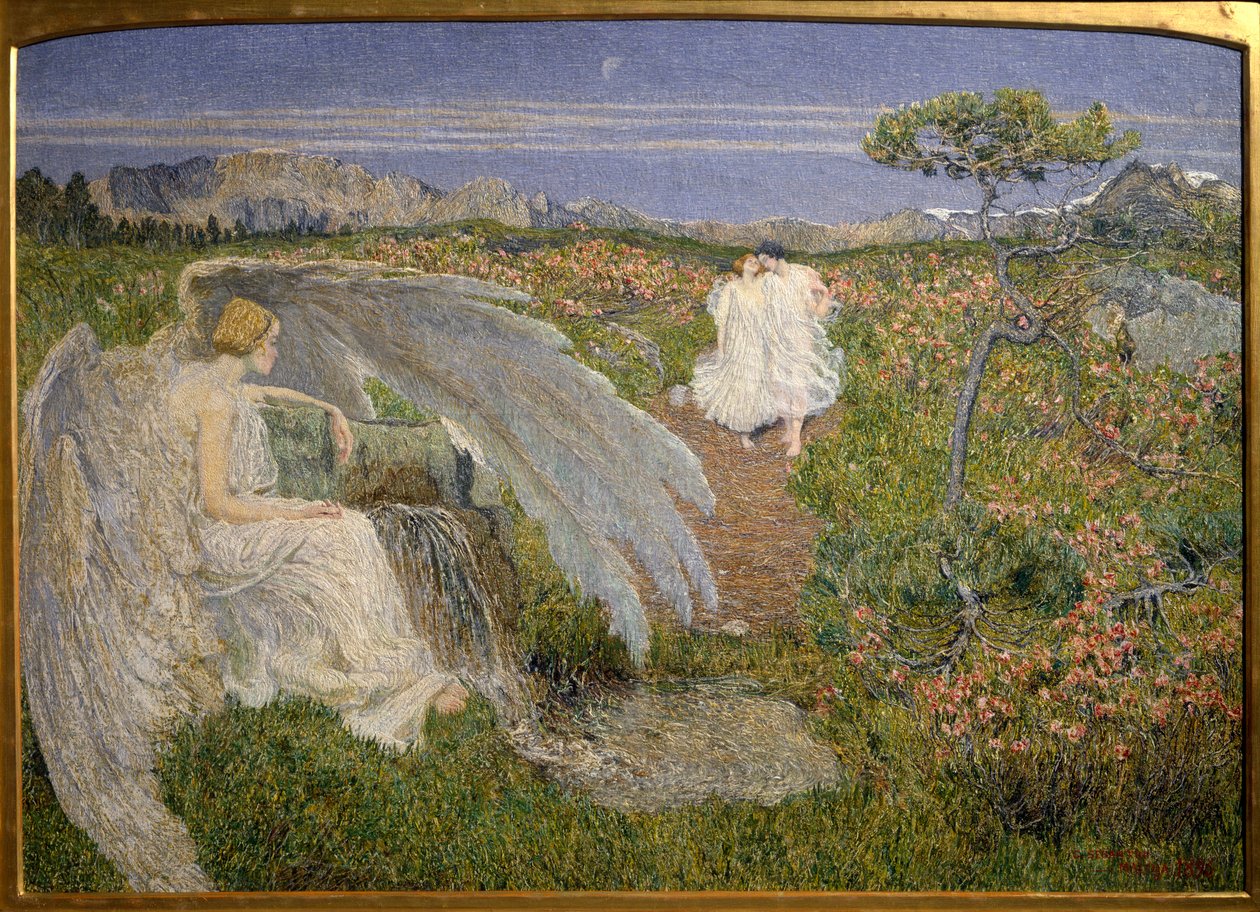 Love Source of Life: Anioł oglądający parę spacerującą w sennym krajobrazie autorstwa Giovanni Segantini