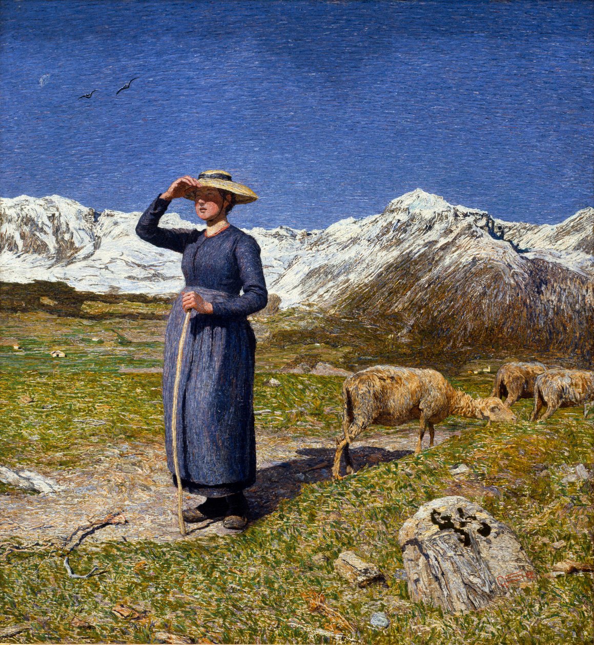 Południe w Alpach Bergerka chroniąca oczy przed słońcem. Obraz Giovanniego Segantiniego (1858-1899) 1891 Nd. 7,5x71,57 cm Kolekcja O. Fischebacher autorstwa Giovanni Segantini