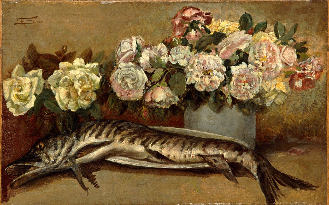 Martwa natura z kwiatami i rybami lub szczupakami i różami autorstwa Giovanni Segantini