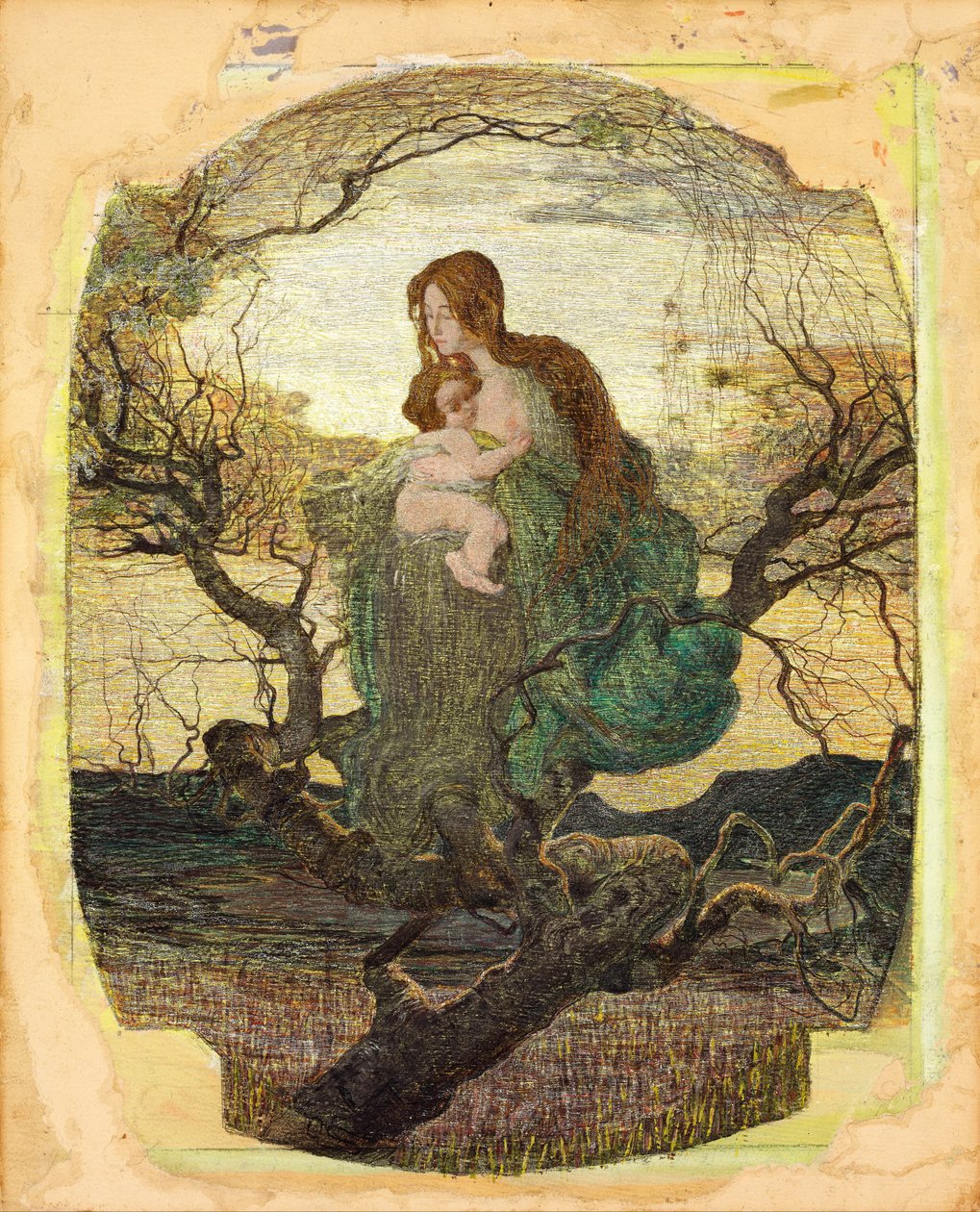 Anioł życia - Peinture de Giovanni Segantini (1858-1899) - 1894-1895 - Akwarela, gwasz, kolory złoty i biały na papierze - 59,5x47,9 - Muzeum Szepmuveszeti, Budapeszt autorstwa Giovanni Segantini