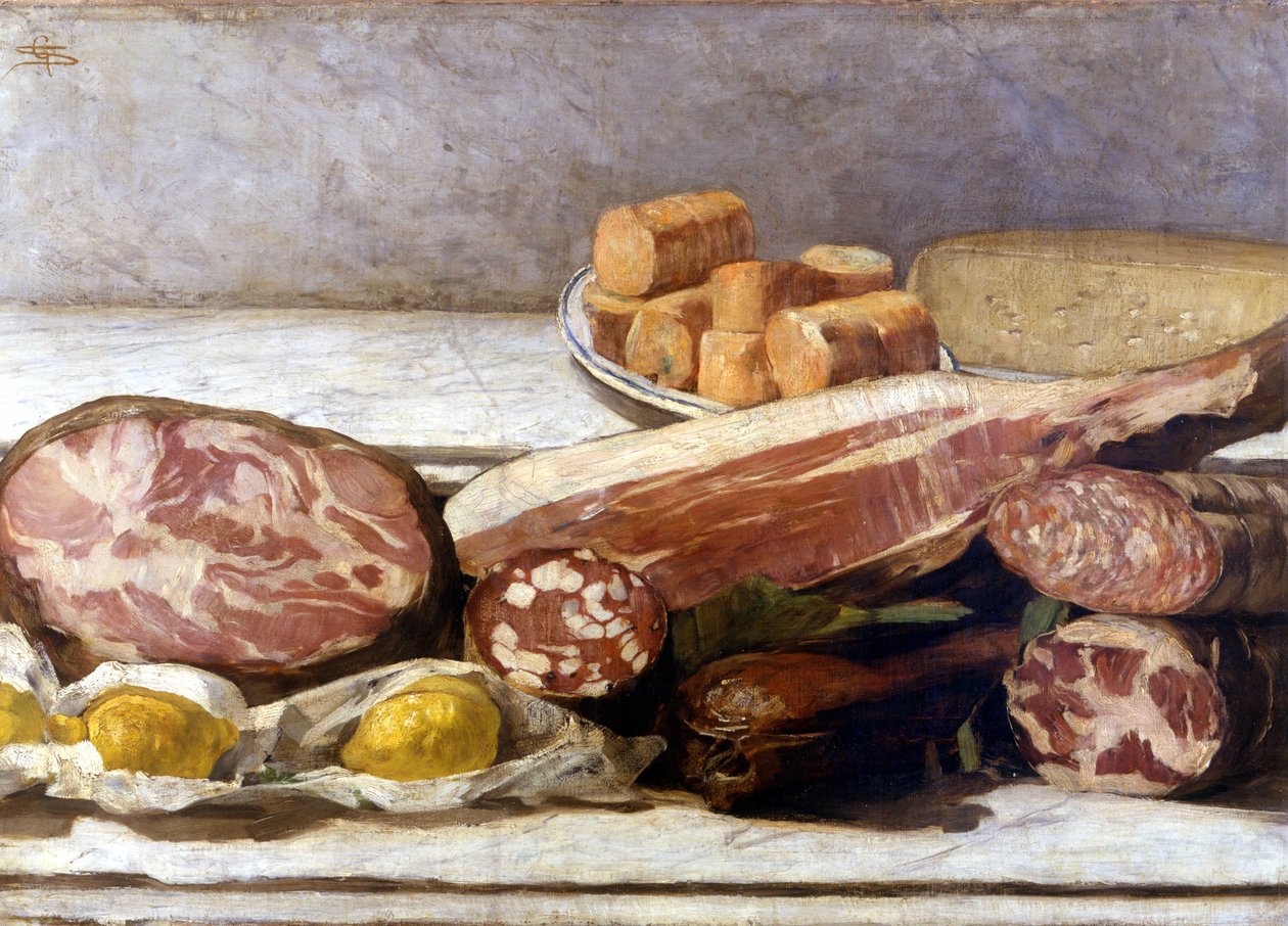 Radość koloru, martwa natura wędlin. Obraz Giovanniego Segantiniego (1858-1899). 1886. Mediolan, al. zaszczyt. autorstwa Giovanni Segantini