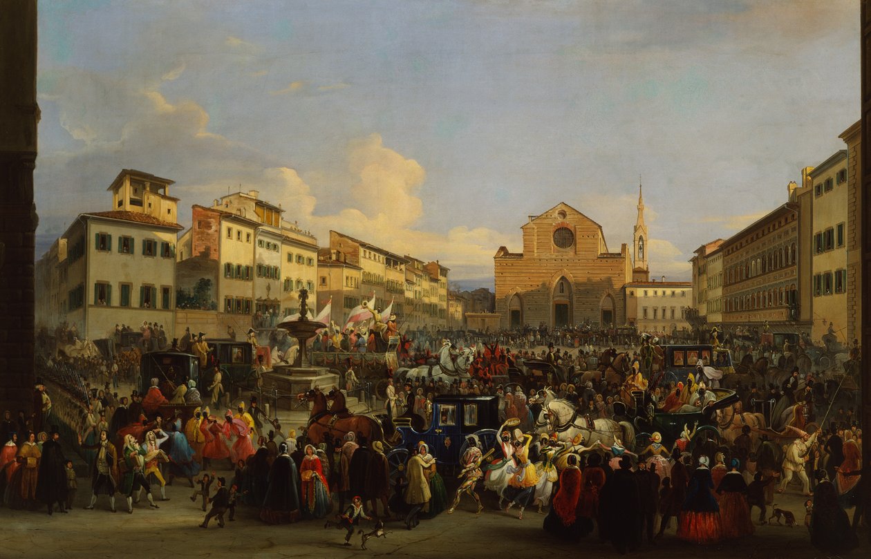 Piazza Santa Croce we Florencji podczas karnawału autorstwa Giovanni Signorini