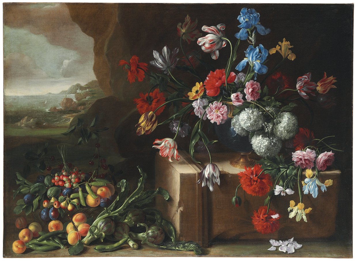 Chrysanthemums, tulips, irises and other flowers and fruit in a landscape autorstwa Giovanni Stanchi
