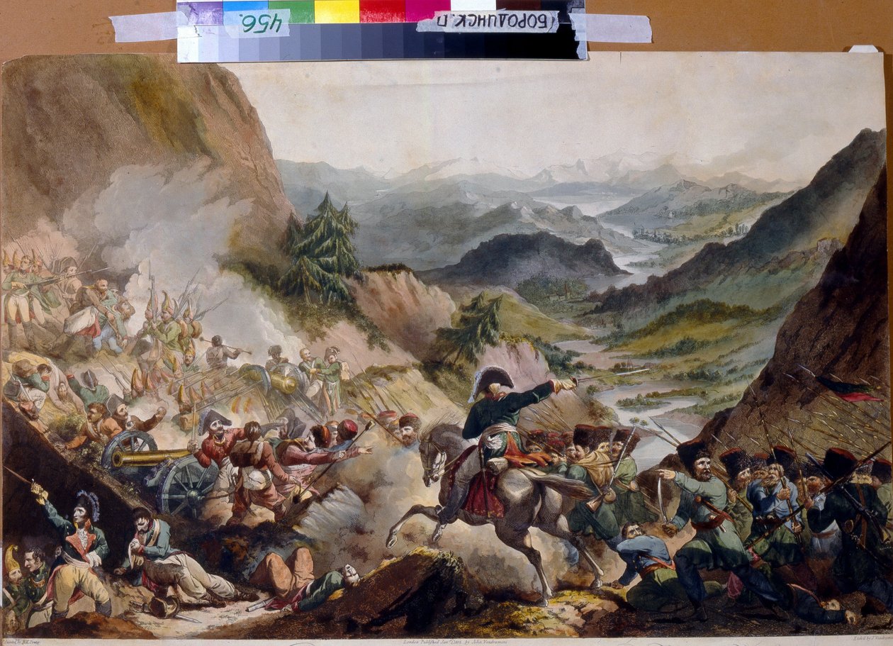 Książę Pierre de Bagration (1765-1812) prowadzący Kozaków do ataku na Alpy. (Książę Piotr Iwanowicz Bagration prowadzi Kozaków do ataku w Alpach). Rosyjski bohater jest opisywany podczas drugiej kampanii włoskiej (1799-1800), w okresie autorstwa Giovanni Vendramini