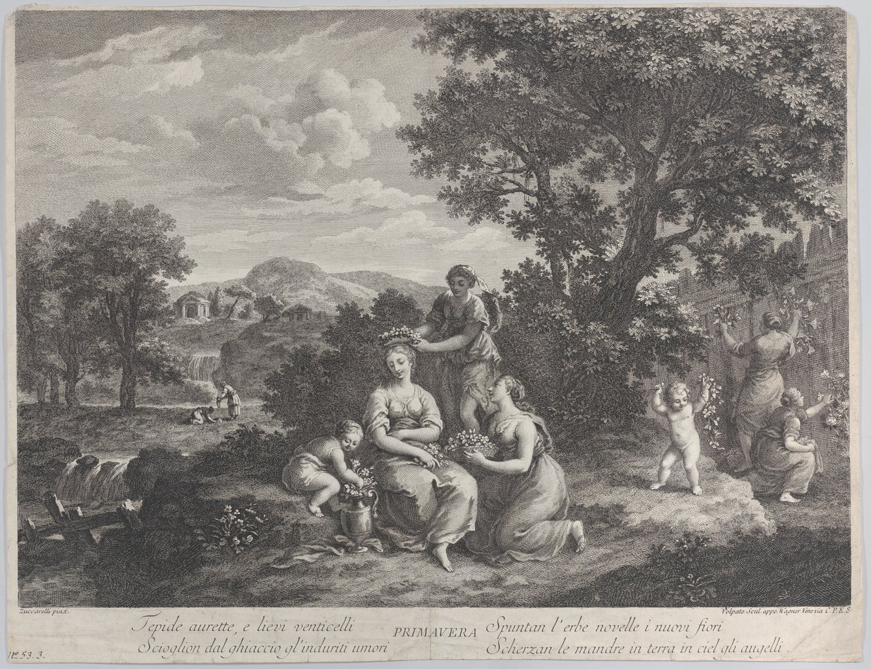 Primavera, grupa kobiet zbierających kwiaty i wyrabiających z nich korony, ok. godz. 1764. autorstwa Giovanni Volpato