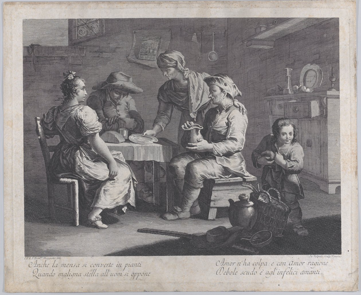 Trzy osoby siedzące wokół stołu po lewej stronie, gdy mężczyzna przynosi pusty talerz..., 1760-70. autorstwa Giovanni Volpato