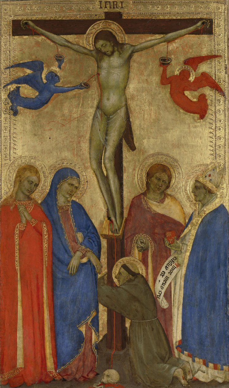 Ukrzyżowanie Chrystus na krzyżu ze św. Franciszka, Marii Magdaleny, Marii, Jana i Ignacego z Antiochii autorstwa Giovanni da Milano