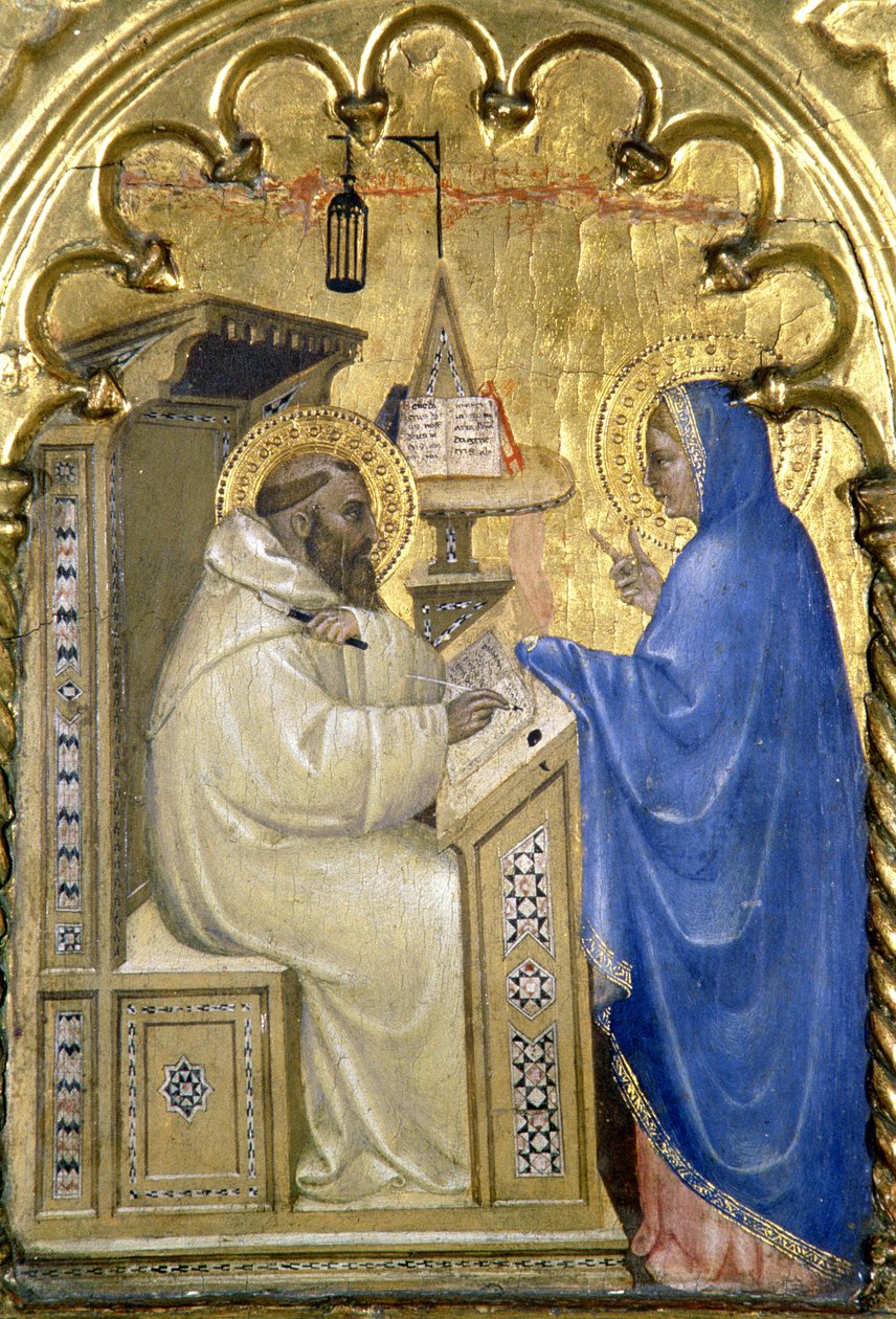Matka Boska ukazująca się św. Bernardowi, fragment polityku przedstawiającego Żywoty świętych, z Salone del II Piano, 1353-63 autorstwa Giovanni da Milano