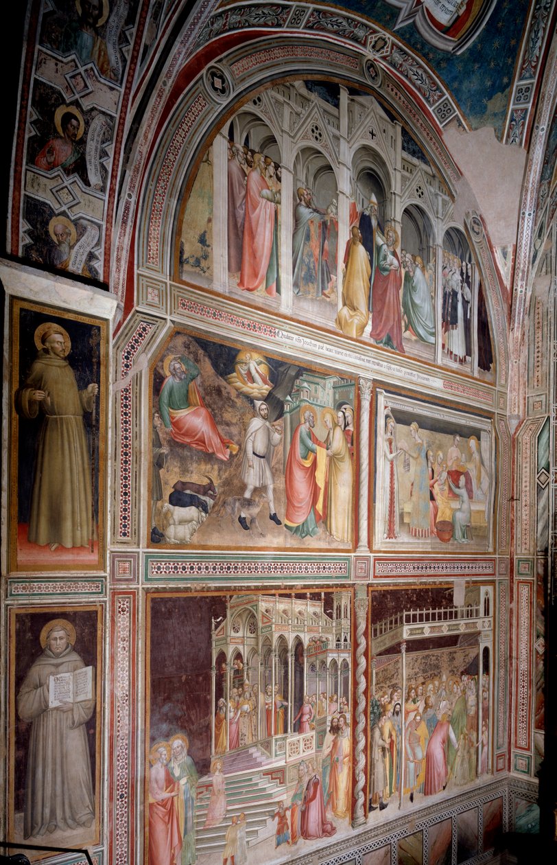 Życie Dziewicy: Joachim wyrzucony ze Świątyni, zwiastowanie i spotkanie z Anną, narodziny Maryi, prezentacja i ślub (Fresco autorstwa Giovanni da Milano