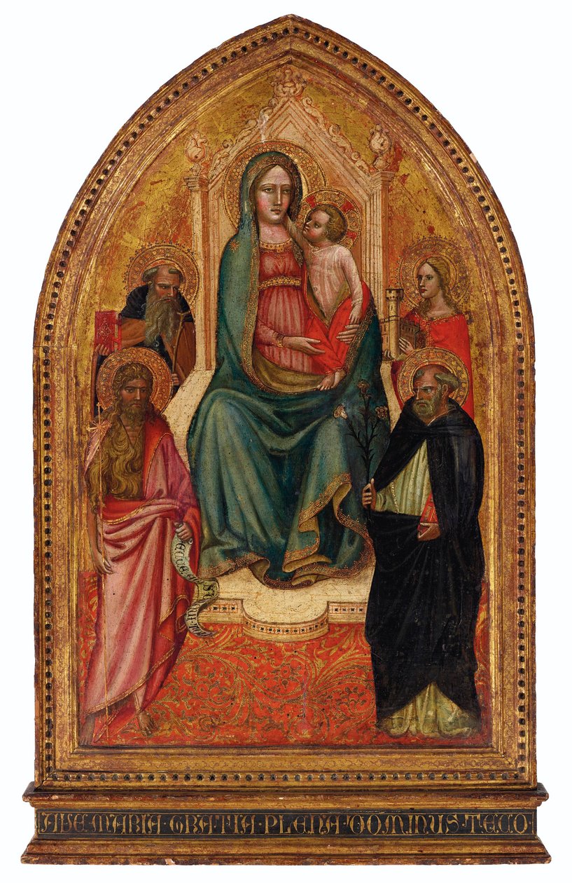 Madonna z Dzieciątkiem na tronie ze świętymi Barbarą, Dominikiem, Janem Chrzcicielem i Antonim Opatem autorstwa Giovanni dal Ponte