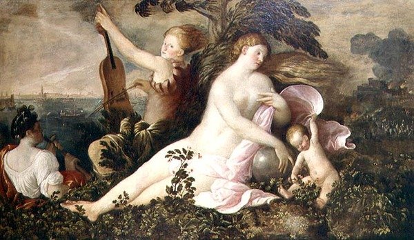 Alegoria Zwycięstwa Weneckiego, centralna postać Fortuny lub Przypadku wraz z postaciami symbolizującymi Naturę i Muzykę, ok. 1518 autorstwa Giovanni de Busi Cariani