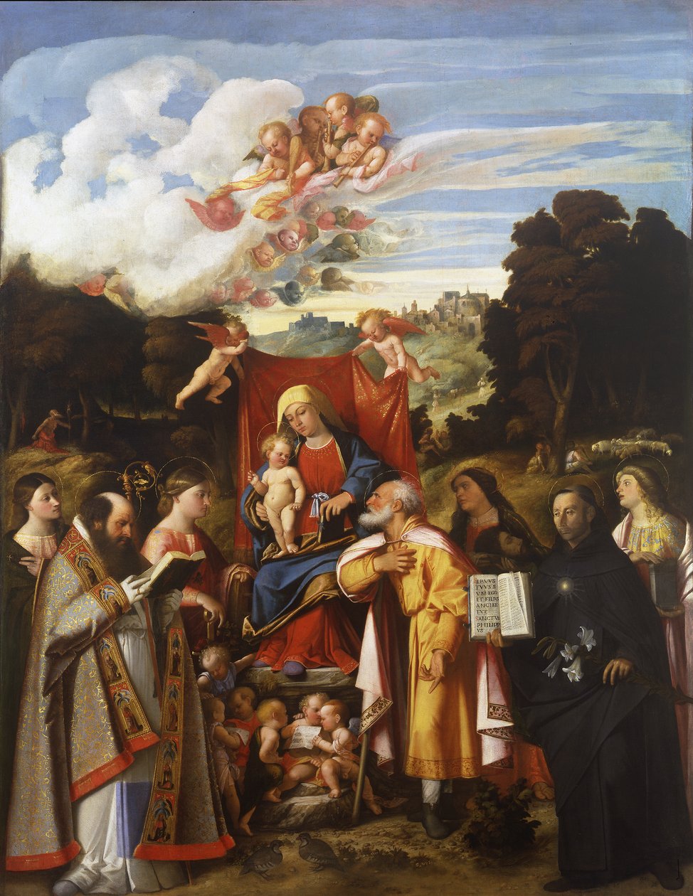 Madonna intronizowana z aniołami, św. Apollonia, św. Augustyn, św. Katarzyna, św. Józef, św. Grata, św. Filip Benizzi i św. Barbara (ołtarz św. Gotarda) autorstwa Giovanni de Busi Cariani
