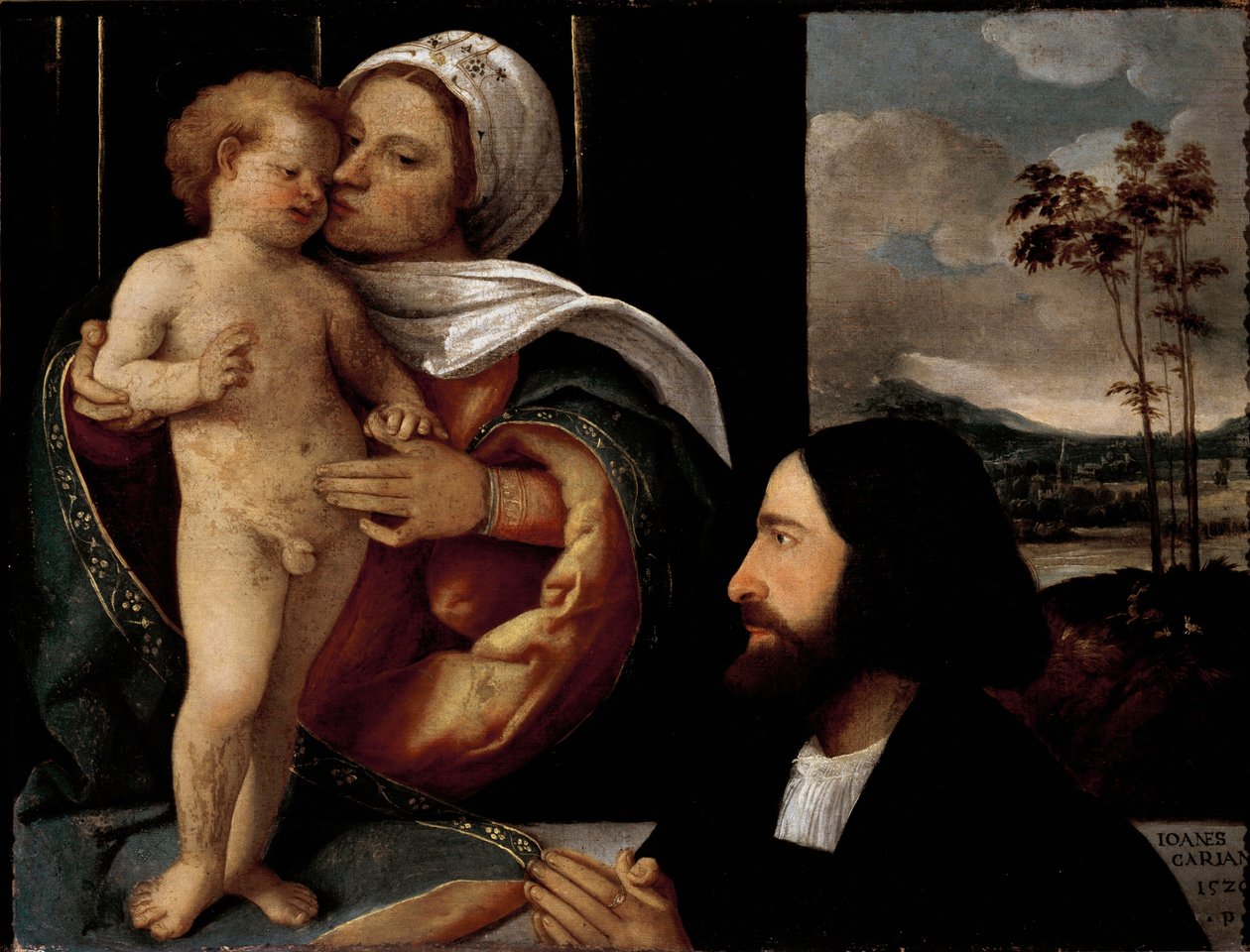 Dziewica i dziecko z oddanym człowiekiem Obraz Giovanniego Busi dit Cariani (1482-1547) autorstwa Giovanni de Busi Cariani