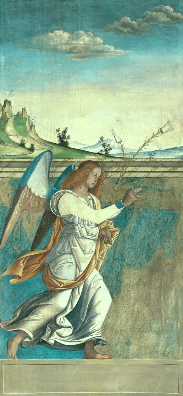 Anioł Gabriel, tablica Zwiastowania, pierwotnie stanowiąca jedną z zewnętrznych okiennic organów w San Bartolomeo, Vicenza (tempera na płótnie) (zob. 183650) autorstwa Giovanni de
