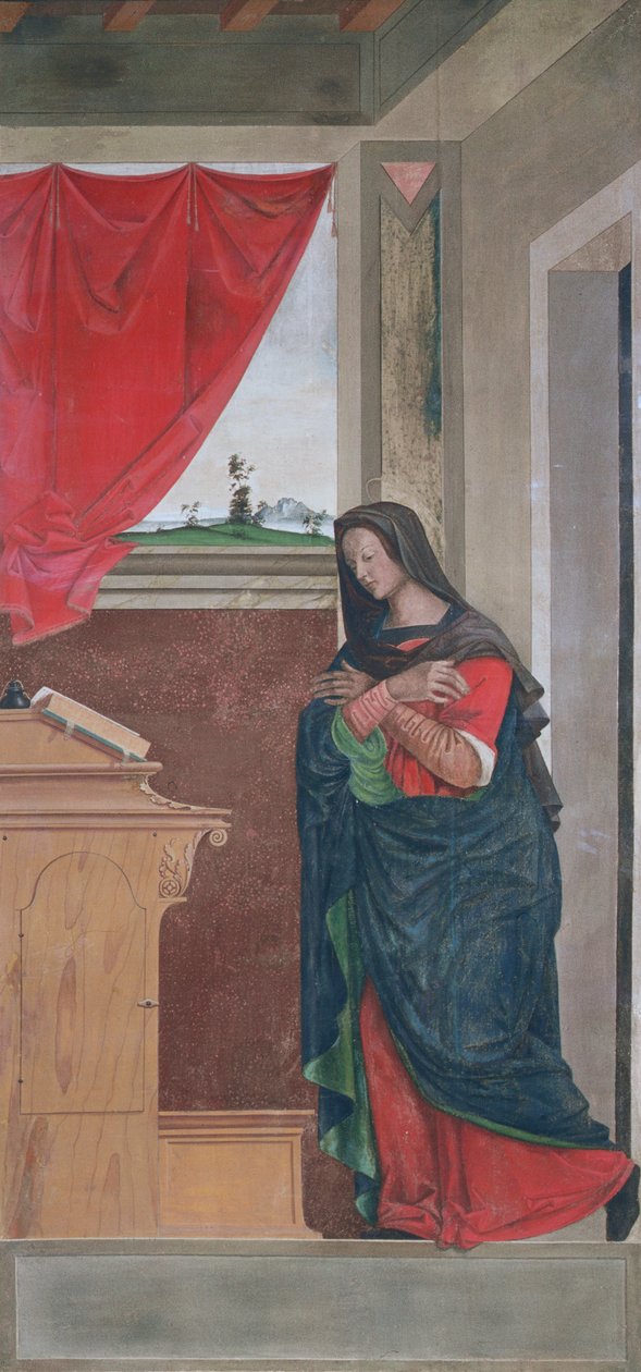 Virgin Annunciate, panel zwiastowania pierwotnie tworzący jedną z zewnętrznych okiennic organów w San Bartolomeo, Vicenza (tempera na płótnie) (patrz 183650) autorstwa Giovanni de