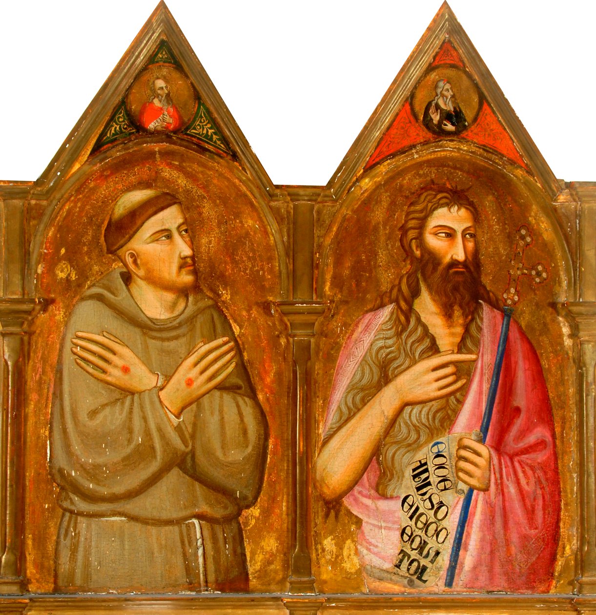 Święty Franciszek i Jan Chrzciciel (lewe panele tryptyku) (tempera i złoty płatek na panelu) autorstwa Giovanni del (follower of) Biondo