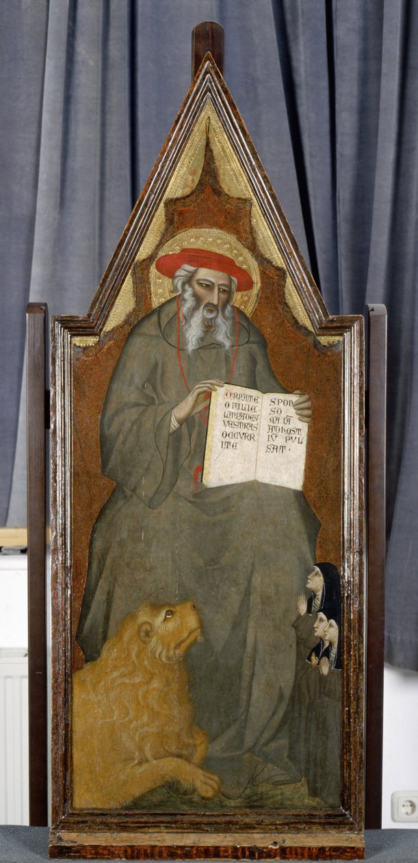 Św. Hieronim z lwem i trzema modlącymi się zakonnicami, ok. 1360 (tempera na drewnie topoli) autorstwa Giovanni del Biondo dal Casentino