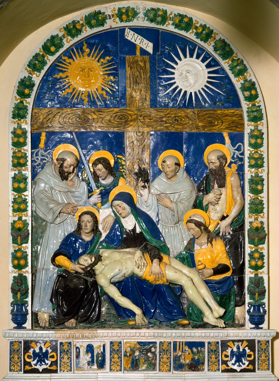 Złożenie (Pieta)” Jezus Chrystus i Matka Boska w otoczeniu św. Jana i św. Marii Magdaleny przed krzyżem z napisem INRI (I.N.R.I.) Ceramika płaskorzeźbiona Giovanniego della Robbia (1469-1529) 1525 wym. 287x210 cm Santuario della V autorstwa Giovanni della Robbia
