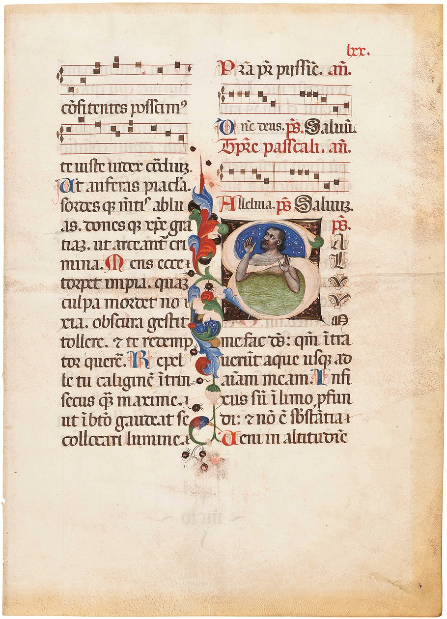 Psalmista w morzu, inicjał "S" na liściu z iluminowanego brewiarza, Bolonia lub Ferrara, ok. 1440 r. (tusz i kolor na welinie) autorstwa Giovanni di Antonio da Bologna