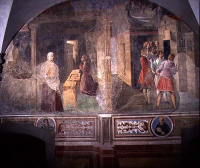Św. Benedykt naprawiający pęknięte sito, fragment z cyklu fresku Żywot św. Benedykta z Chiostro degli Aranci (Klasztor Pomarańczowy) ok. 1430 (fresk) autorstwa Giovanni di Consalvo (attr. to)