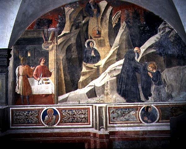 Św. Benedykt otrzymujący chleb i płaszcz od Pustelnika Romano, fragment cyklu fresk Żywot św. Benedykta z Chiostro degli Aranci (Klasztor Pomarańczowy) ok. 1430 (fresk) autorstwa Giovanni di Consalvo (attr. to)