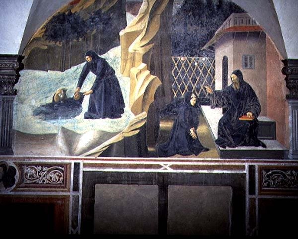 Św. Benedykt posyła Mauro, aby ocalił tonącego Placidusa z jeziora, fragment cyklu fresk Żywot św. Benedykta z Chiostro degli Aranci (Klasztor Pomarańczy) ok. 1430 (fresk) autorstwa Giovanni di Consalvo (attr. to)