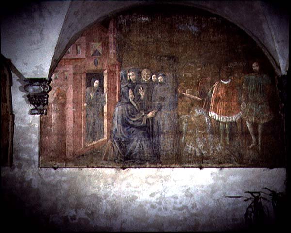 Św. Benedykt i Posłaniec z Króla Totili, fragment cyklu fresk Żywot Św. Benedykta z Chiostro degli Aranci (Klasztor Pomarańczowy) ok. 1430 (fresk) autorstwa Giovanni di Consalvo (attr. to)