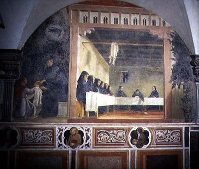 Św. Benedykt i zatruty chleb, fragment z cyklu fresku Żywot św. Benedykta z Chiostro degli Aranci (Klasztor Pomarańczowy) ok. 1430 (fresk) autorstwa Giovanni di Consalvo (attr. to)