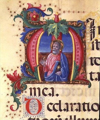 Ms 542 f.31r Historyczny inicjał „H” przedstawiający świętego mężczyznę z psałterza napisanego przez Don Appiano z kościoła Badia Fiorentina we Florencji autorstwa Giovanni di Guiliano Boccardi