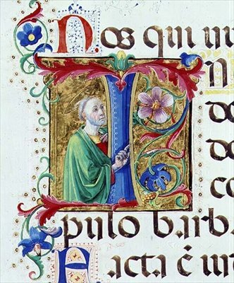 Ms 542 f.44v Historyczny inicjał „I” przedstawiający świętego mężczyznę z psałterza napisanego przez Don Appiano z kościoła Badia Fiorentina we Florencji autorstwa Giovanni di Guiliano Boccardi