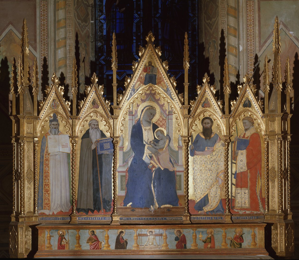 Dziewica ze świętymi Augustynem, św Antoniego Wielkiego, św Bartłomieja i św Wawrzyńca - tempera na panelu autorstwa Giovanni di Niccolo del Biondo