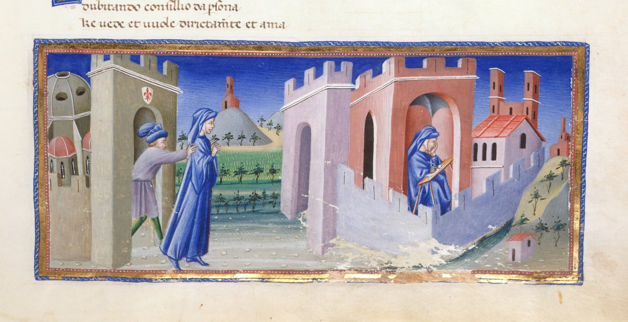 Dante wygnany z Florencji i komponowanie swojego wiersza na wygnaniu, z Paradiso w „Divina Commedia”, Dante Alighieri, Yates Thompson 36, f.159 autorstwa Giovanni di Paolo
