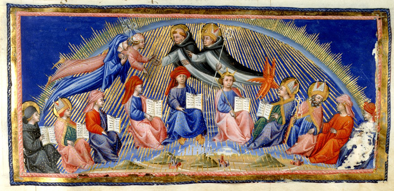 Paradiso, Pieśń X. Beatrice i Dante unoszący się nad Niebem Słońca spotykają tych, którzy odznaczają się mądrością. Pozdrawia ich św. Tomasz z Akwinu wraz z Albertusem Magnusem. Poniżej siedzi dziesięciu przedstawicieli mądrości; Beda, św. Ambroży, Izydor  autorstwa Giovanni di Paolo