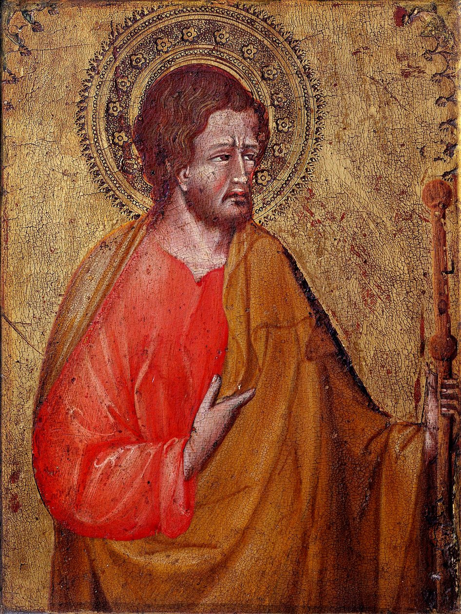 Reprezentacja św. Jakuba Pelerina To jest św. Jakub Większy lub św. Jakub, syn Zebedeusza. Obraz Giovanniego di Paolo (1395 / 1400-1482) XV-wieczny Asyż, Muzeum Skarbu Bazyliki San Francesco i kolekcja Perkinsa autorstwa Giovanni di Paolo