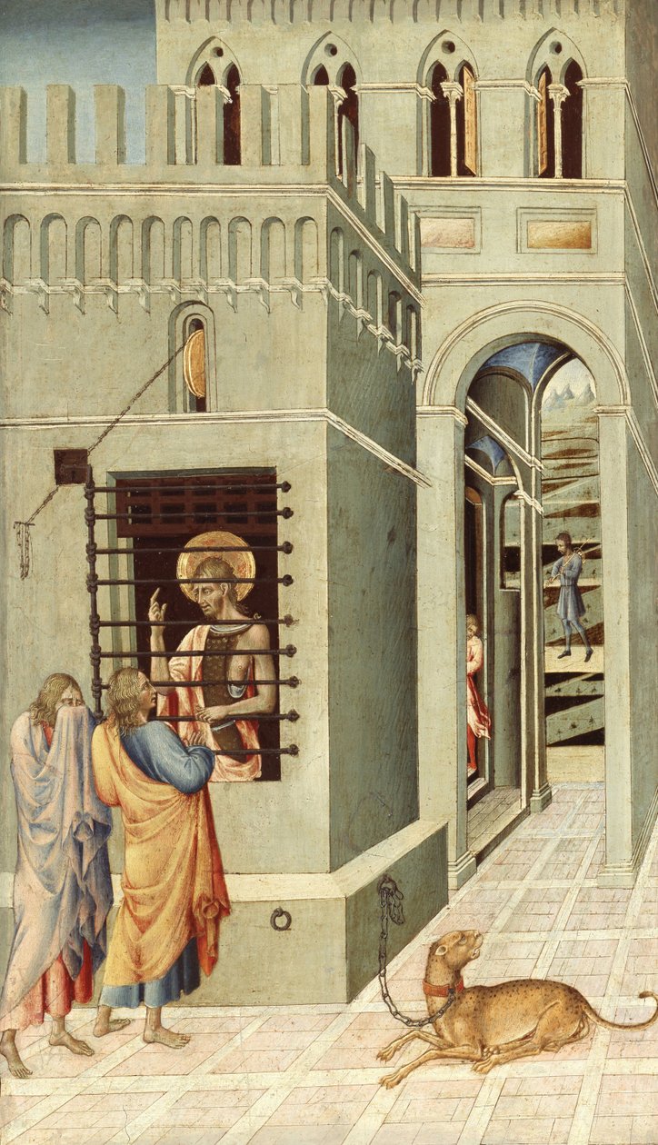 Św. Jana Chrzciciela w więzieniu odwiedza dwóch uczniów - Obraz Giovanniego di Paolo (ok. 1403-1482), tempera na desce (68,3x40 cm) autorstwa Giovanni di Paolo