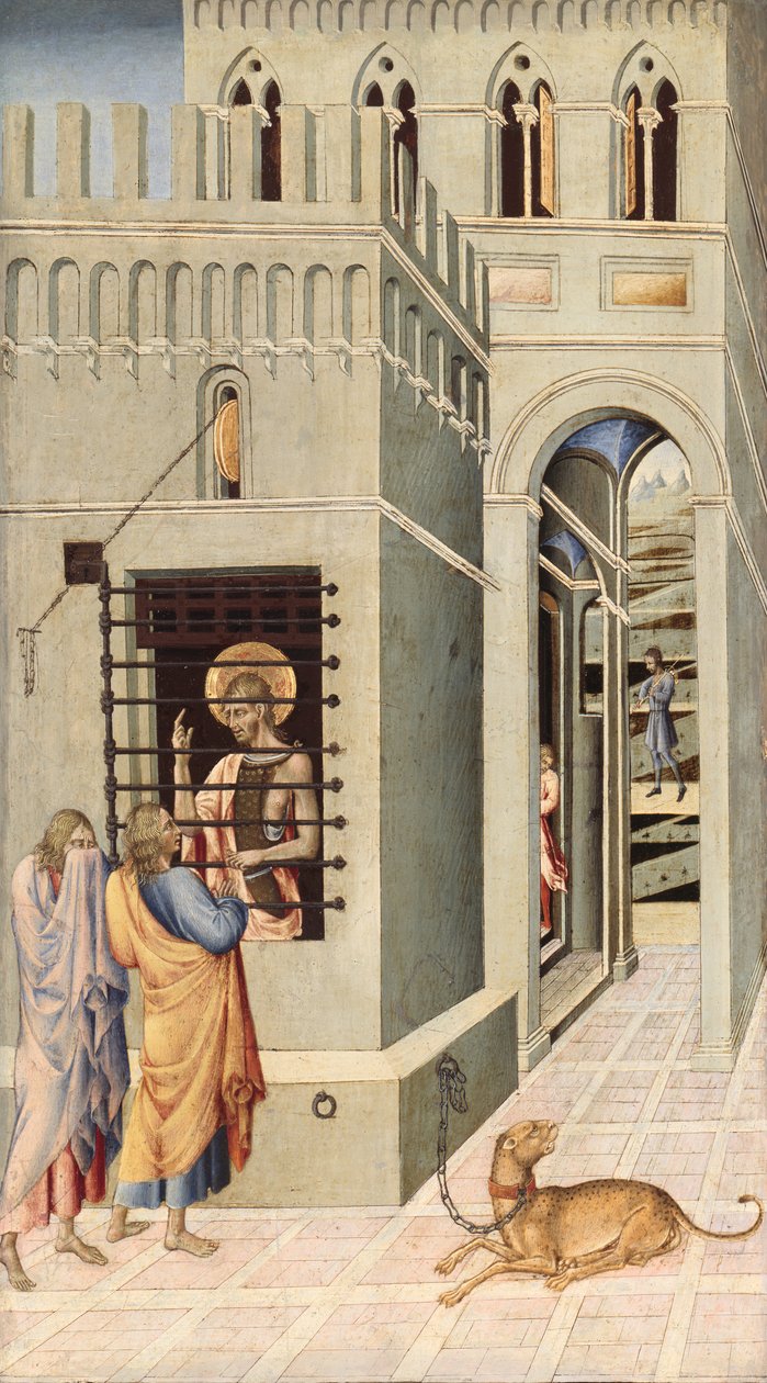Św. Jan Chrzciciel w więzieniu odwiedzony przez dwóch uczniów, 145560. autorstwa Giovanni di Paolo