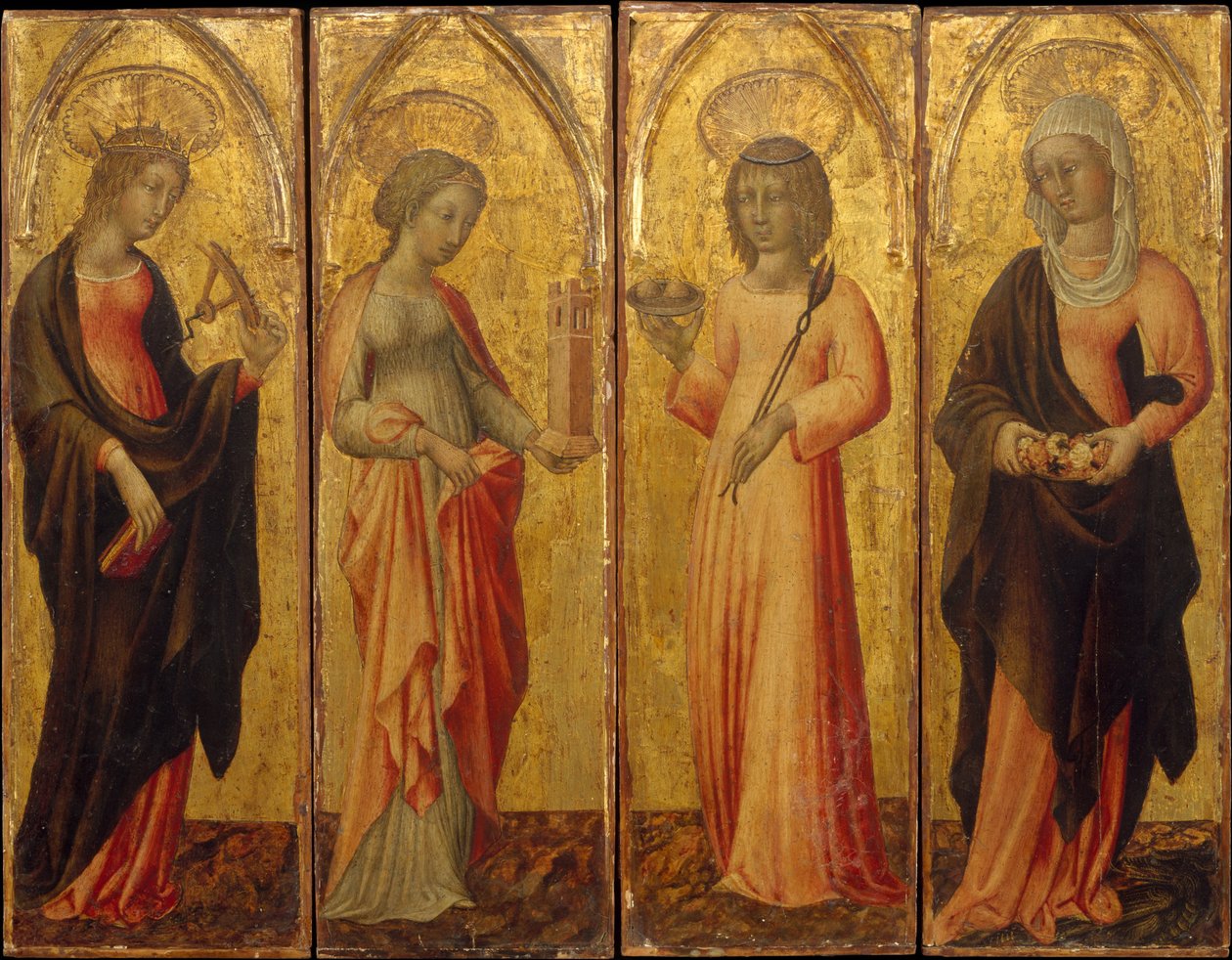 św. Katarzyna Aleksandryjska, Barbara, Agata i Małgorzata, ca. 1470. autorstwa Giovanni di Paolo