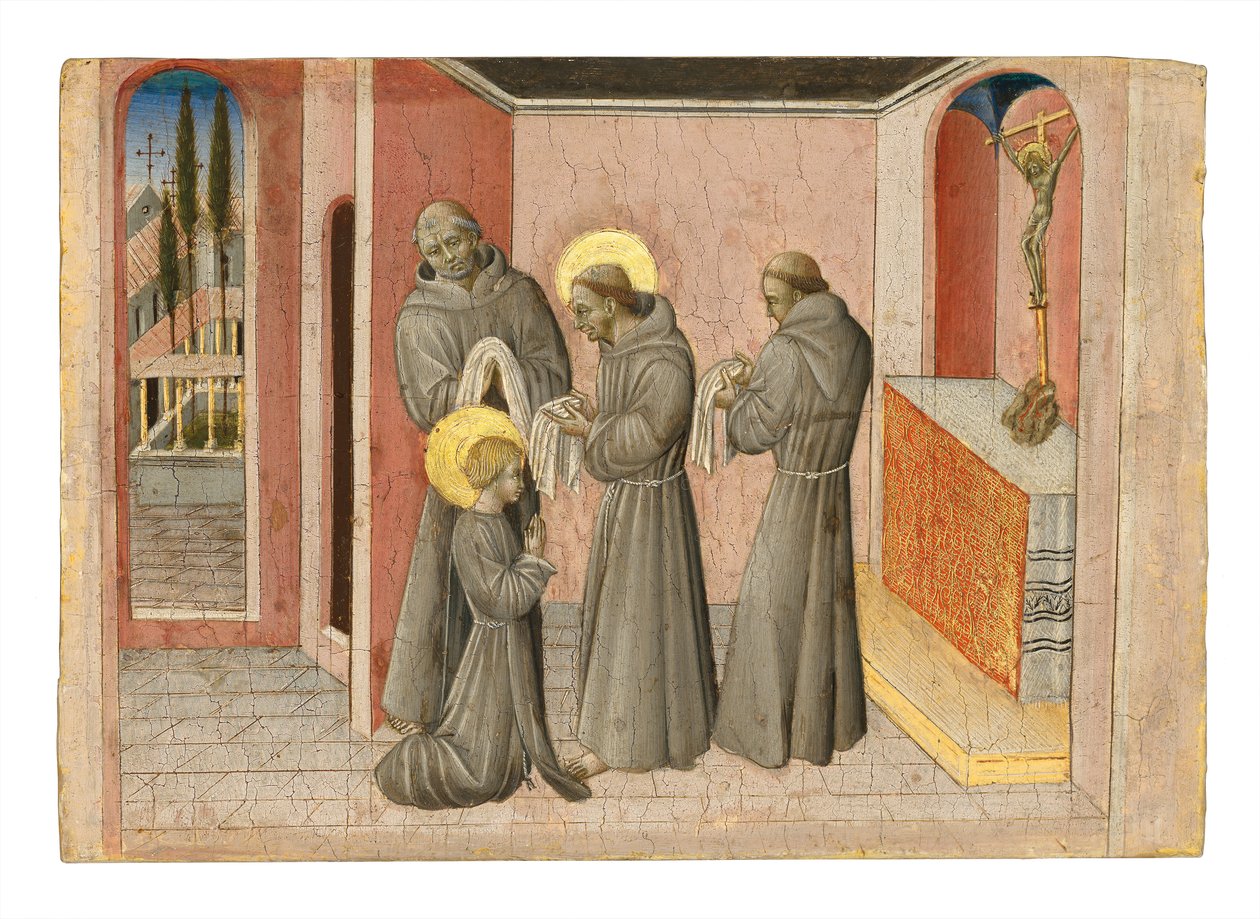 Inwestytura św. Klary: Święta otrzymuje szaty swojego Zakonu od św. Franciszka, ok. 1389-1482 (tempera i złoto na panelu) autorstwa Giovanni di Paolo