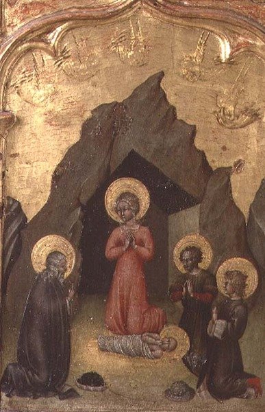 Adoracja Dzieciątka przez Dziewicę, św. Józefa i dwóch świętych autorstwa Giovanni di Paolo di Grazia