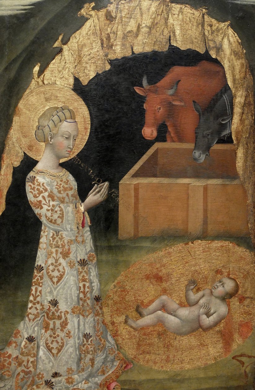 La Nativity, Saint Victtorino, Saint Ansano, centralny detal (malowanie na drewnie) autorstwa Giovanni di Paolo di Grazia