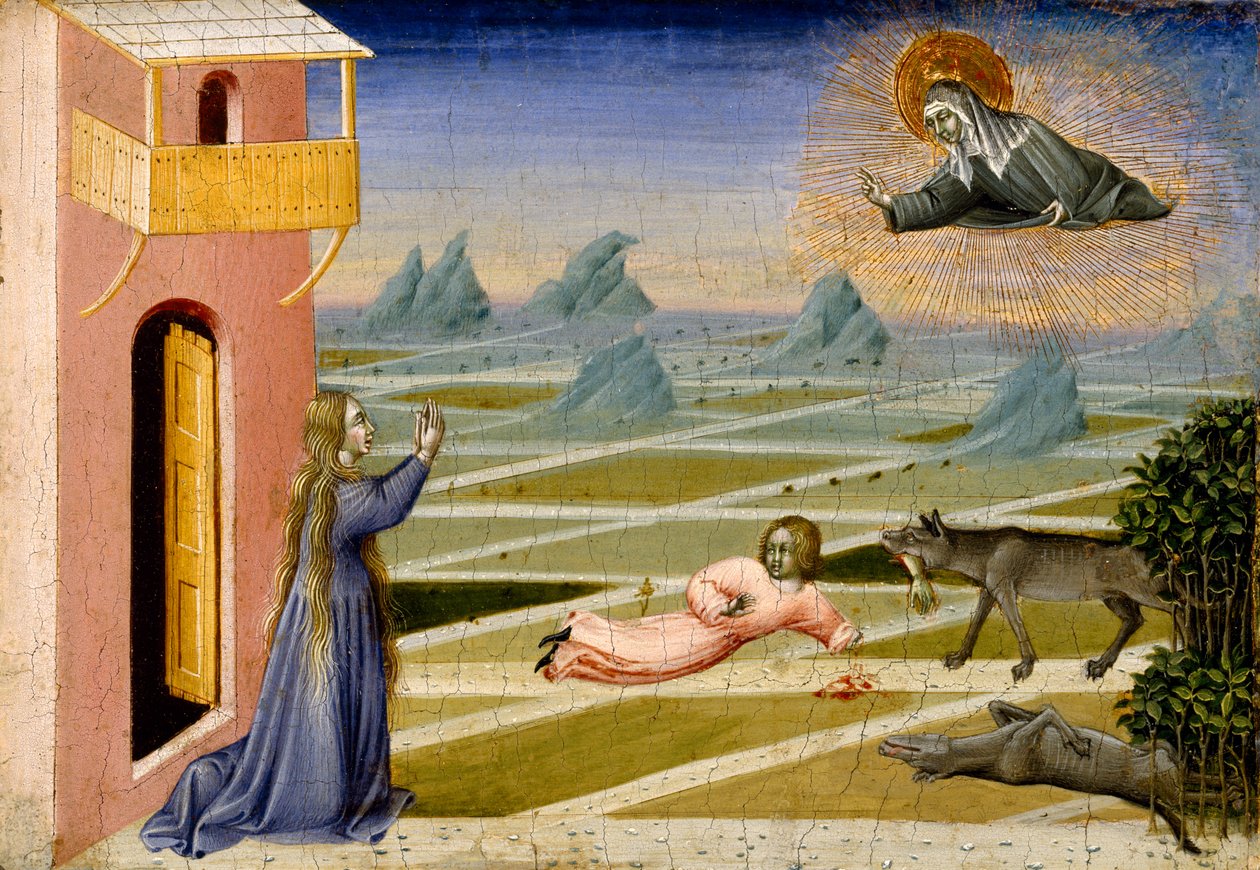 Św. Klara ratująca dziecko poturbowane przez wilka, ok. 1455-60 (tempera i złoty płatek na panelu) autorstwa Giovanni di Paolo di Grazia