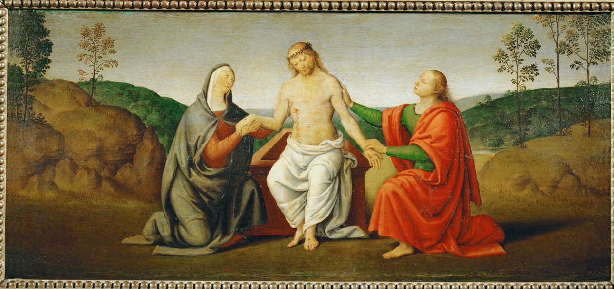 Martwy Chrystus podtrzymywany przez Dziewicę Maryję i świętego Jana Apostoła ... autorstwa Giovanni di Pietro (c.1450 1529) (studio of)
