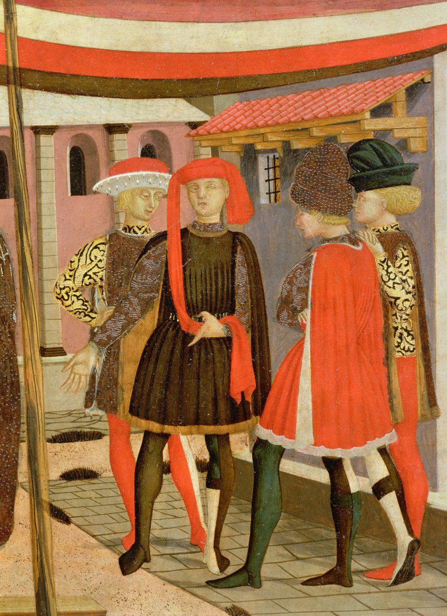 Front z Adimari Cassone, detal czterech mężczyzn, tempera z ok. 1450 na detalu panelu z 80304 autorstwa Giovanni di Ser Giovanni